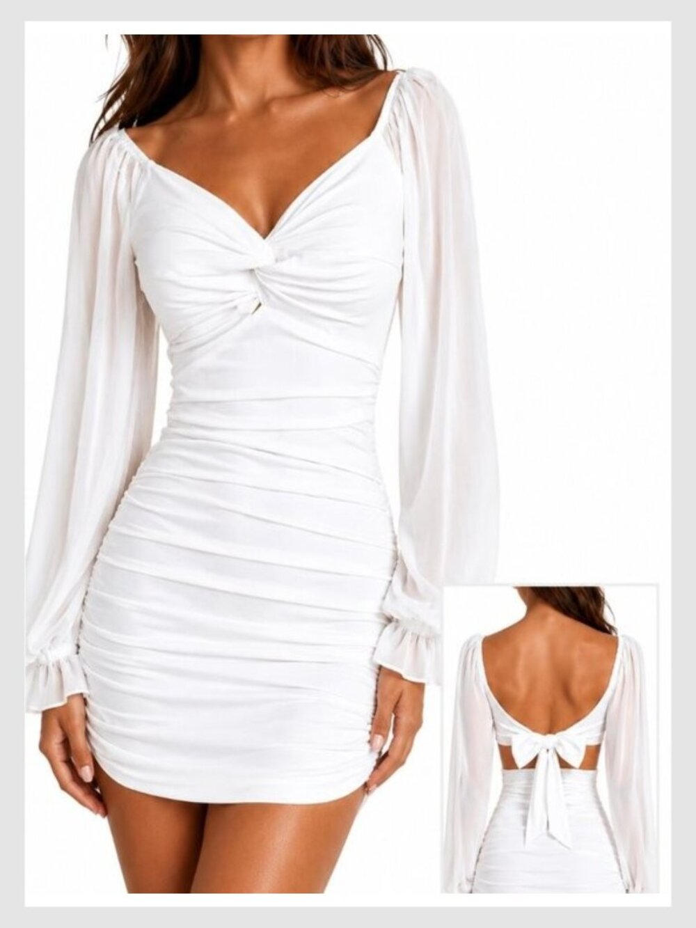 Lucy in the Sky White Ruched Balloon Sleeve Mini Dress S